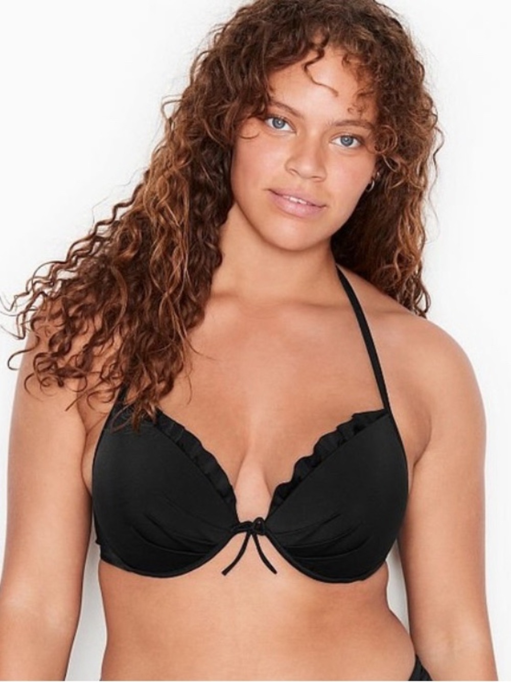 Victoria’s Secret black bikini top ruffle edge halter tie swimsuit beach 34 DD